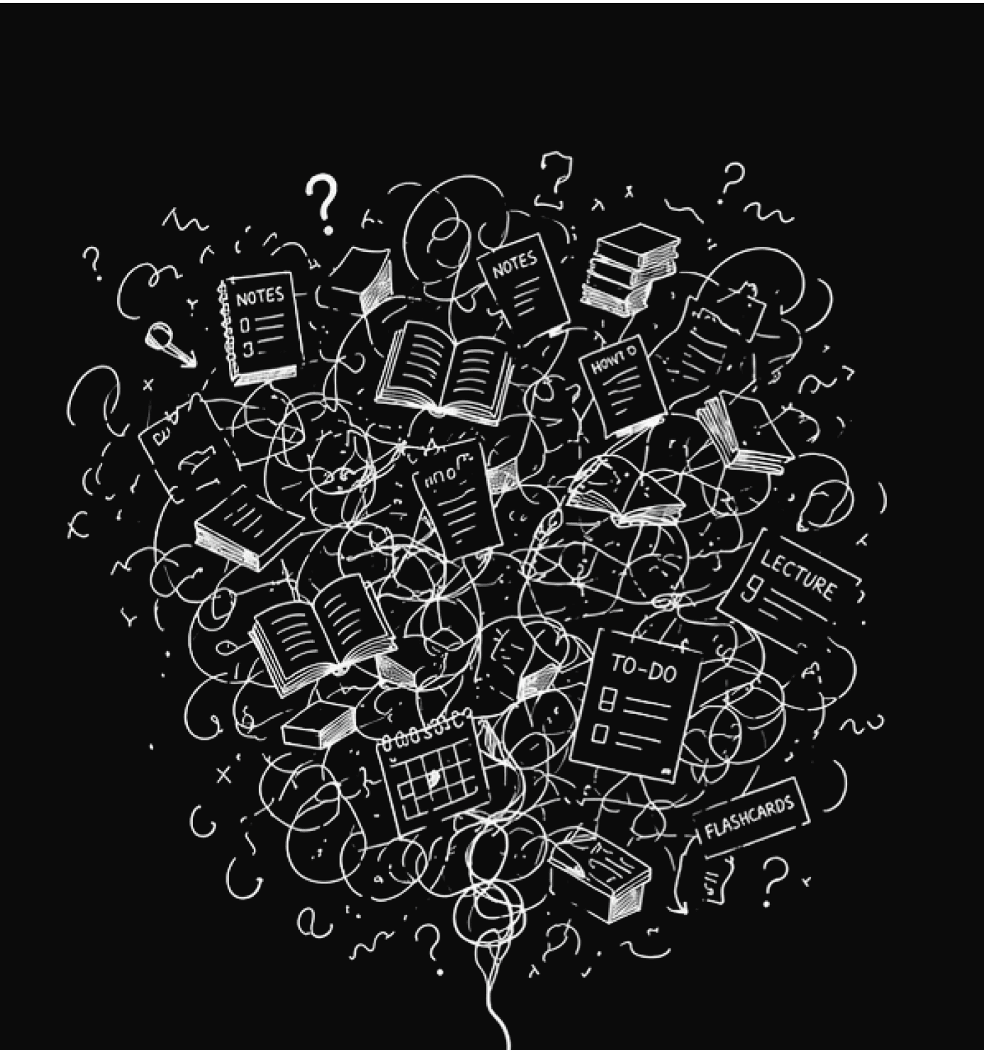 Chaotic student study materials descending into a glowing lightbulb.